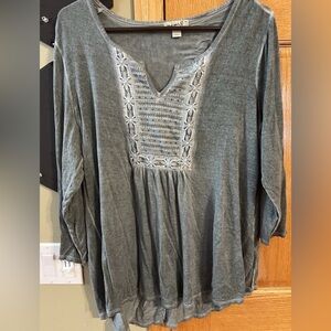 ONE WORLD Gray Embroidered V-Neck Tunic
